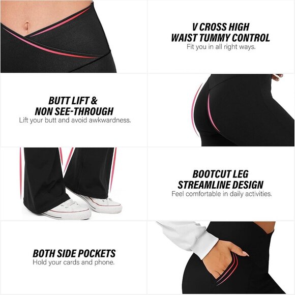Women's Black High-Waisted Flare Yoga Pants with Pockets, 28-inch Inseam, Tummy - Picture 3 of 6